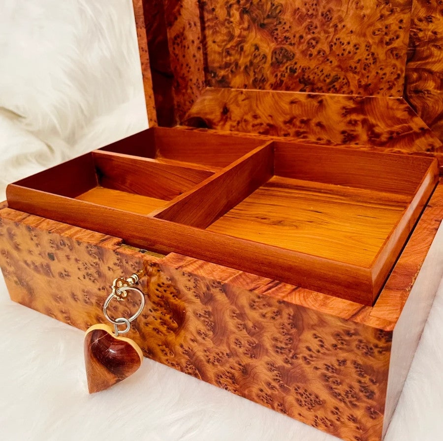 Lockable Thuya Burl Wood Jewelry Box – 12" × 8" × 4" - 7