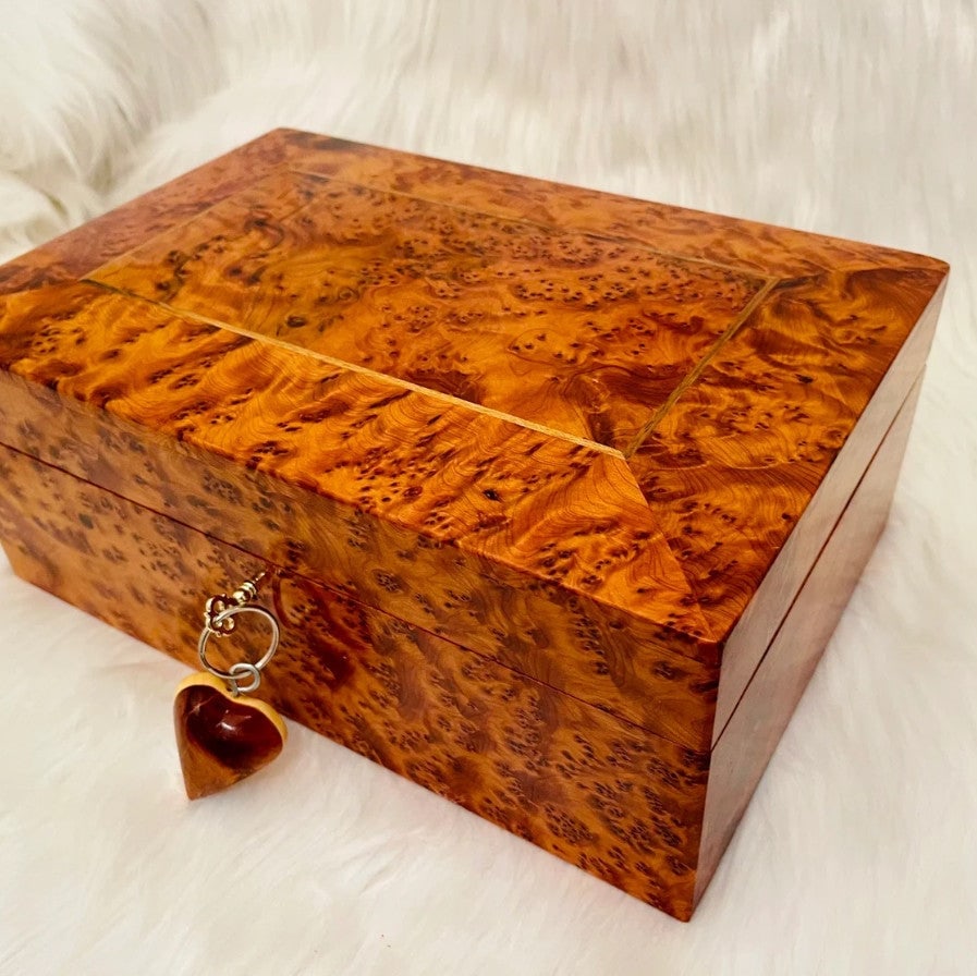 Lockable Thuya Burl Wood Jewelry Box – 12" × 8" × 4" - 8