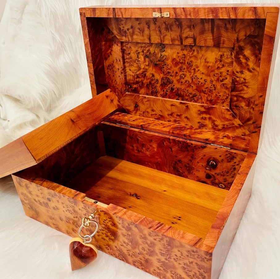 Lockable Thuya Burl Wood Jewelry Box – 12" × 8" × 4" - 9