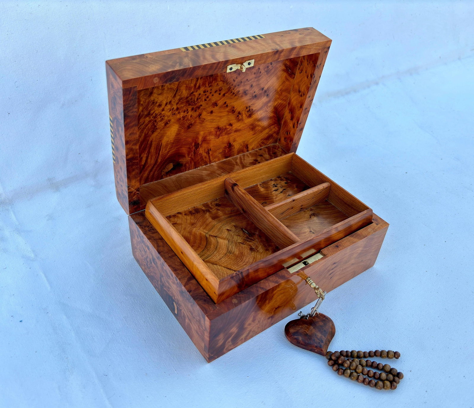 Lockable Thuya Burl Wood Jewelry Box – 8 × 5" - 10