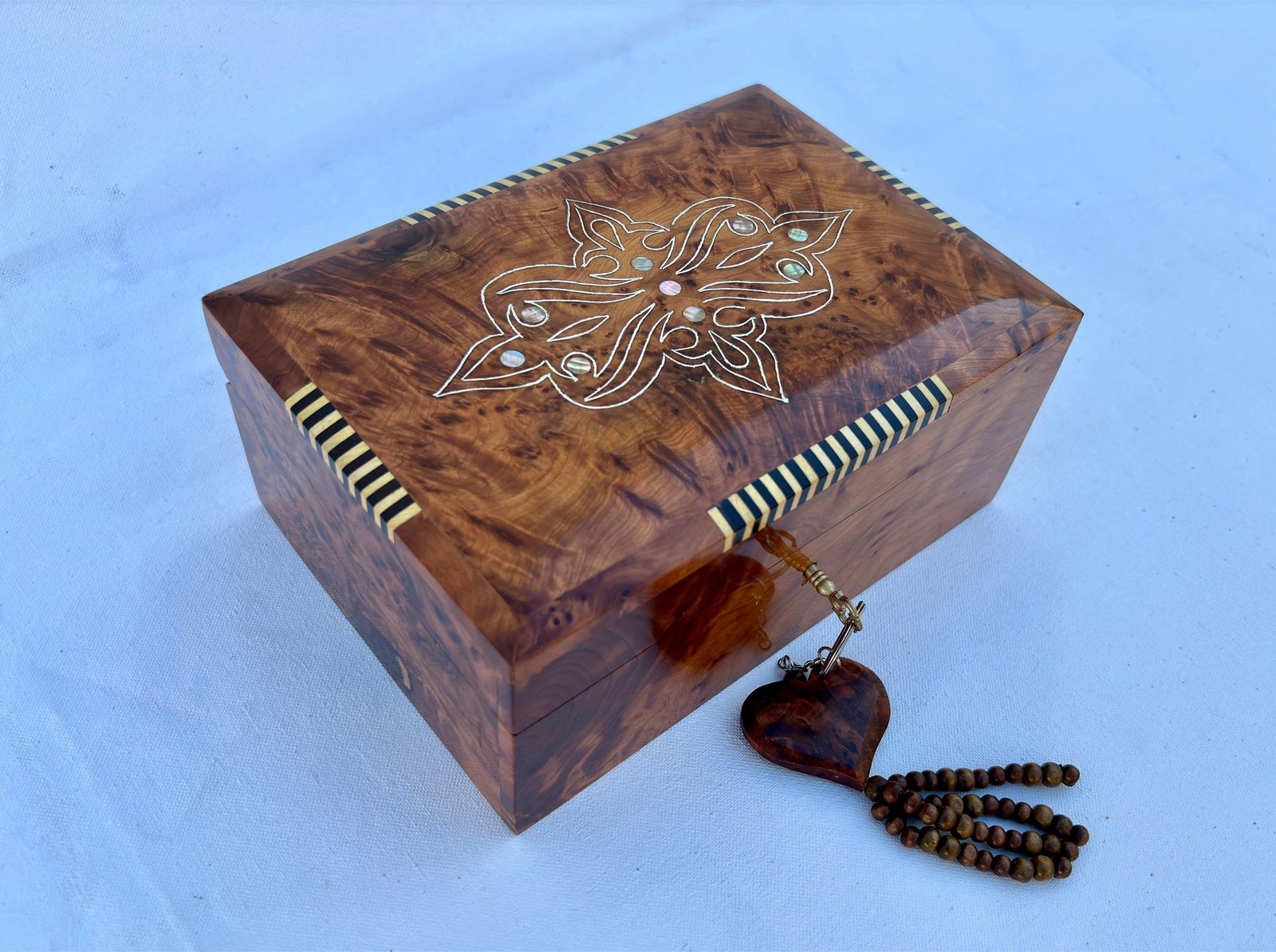 Lockable Thuya Burl Wood Jewelry Box – 8 × 5" - 2
