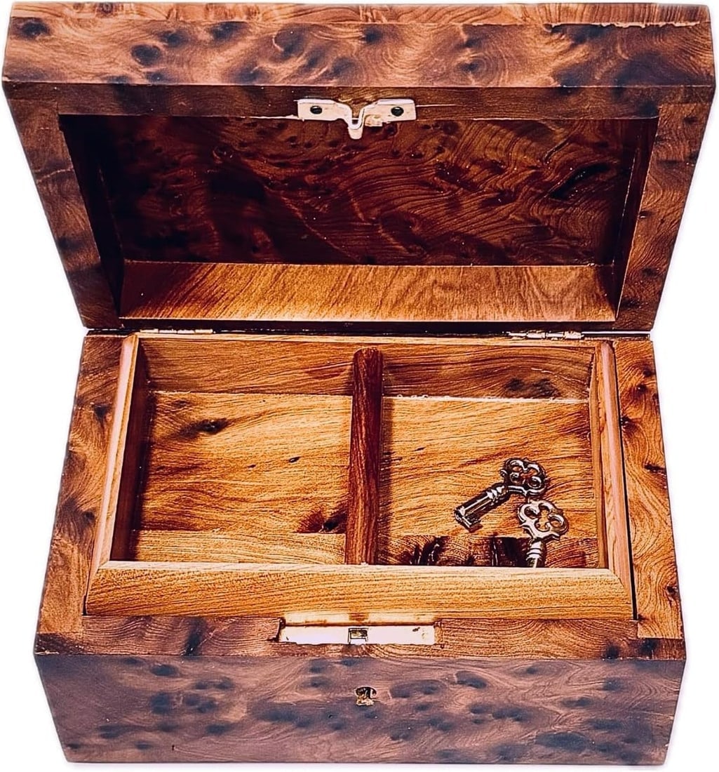 Lockable Thuya Burl Wood Jewelry Box – 6" × 4.35" × 3" - 2