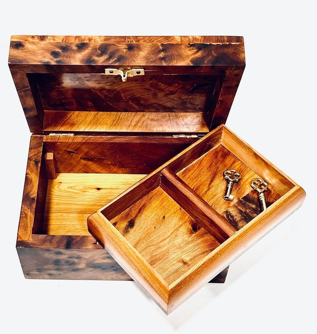 Lockable Thuya Burl Wood Jewelry Box – 6" × 4.35" × 3" - 3