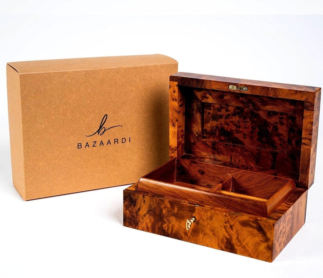 Lockable Thuya Burl Wood Jewelry Box – 6" × 4.35" × 3" - 5