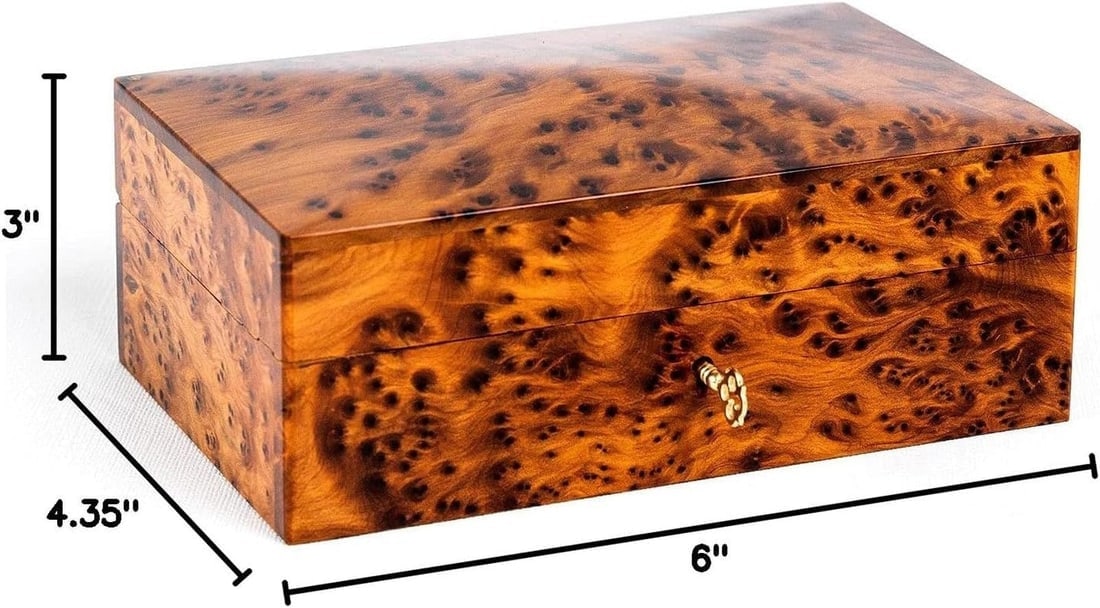 Lockable Thuya Burl Wood Jewelry Box – 6" × 4.35" × 3" - 6