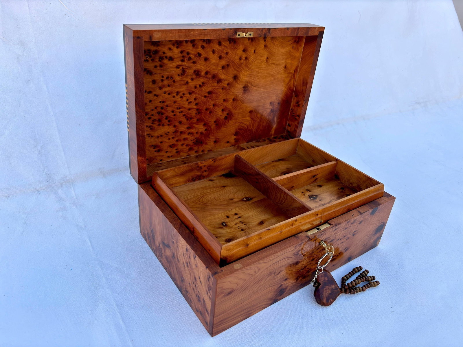 Lockable Thuya Burl Wood Jewelry Box – 12 × 8" - 3