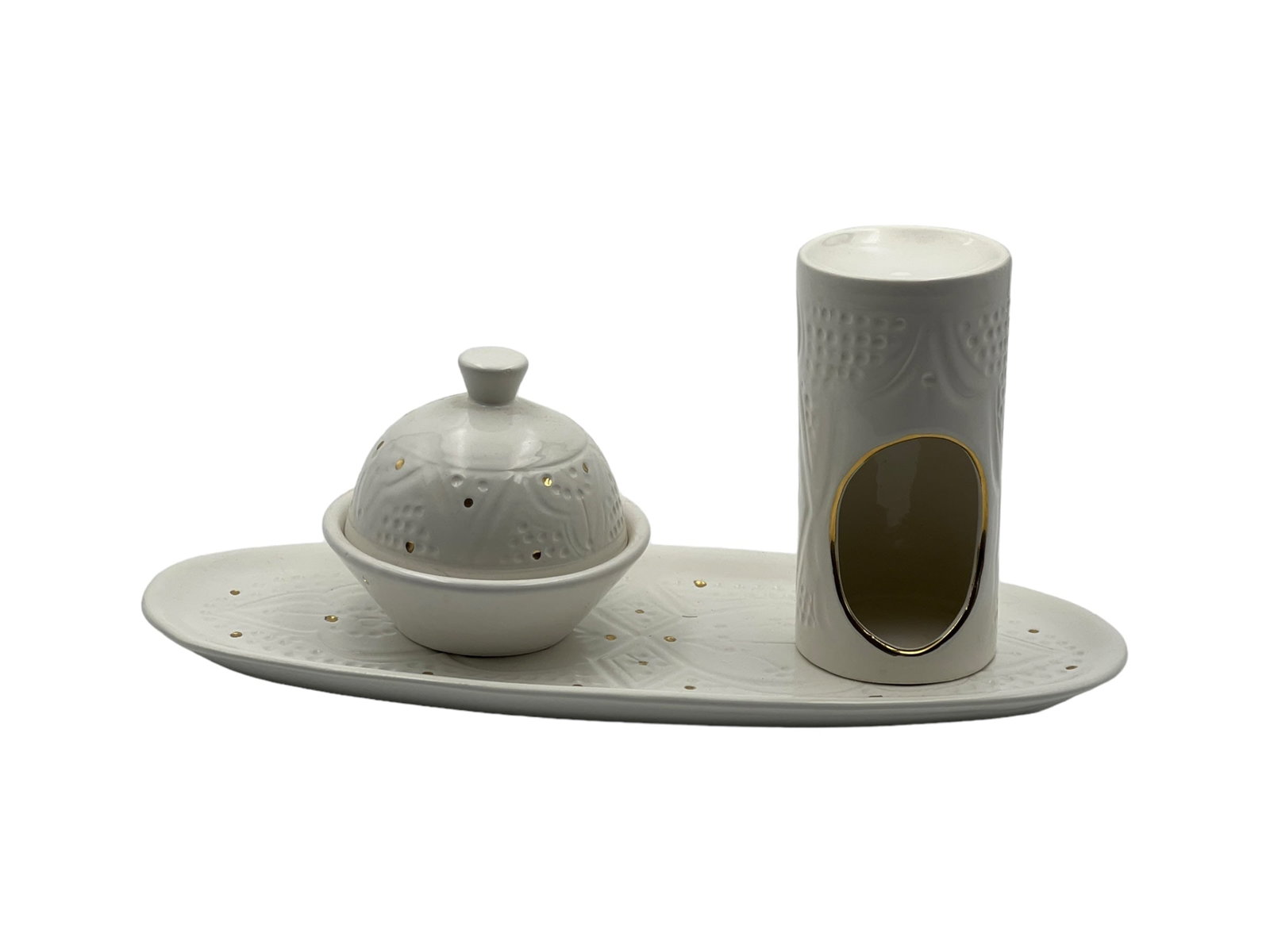 Vintage White Clay Scented Oil Burner – Natural Dyes and Real Gold Foil - 3