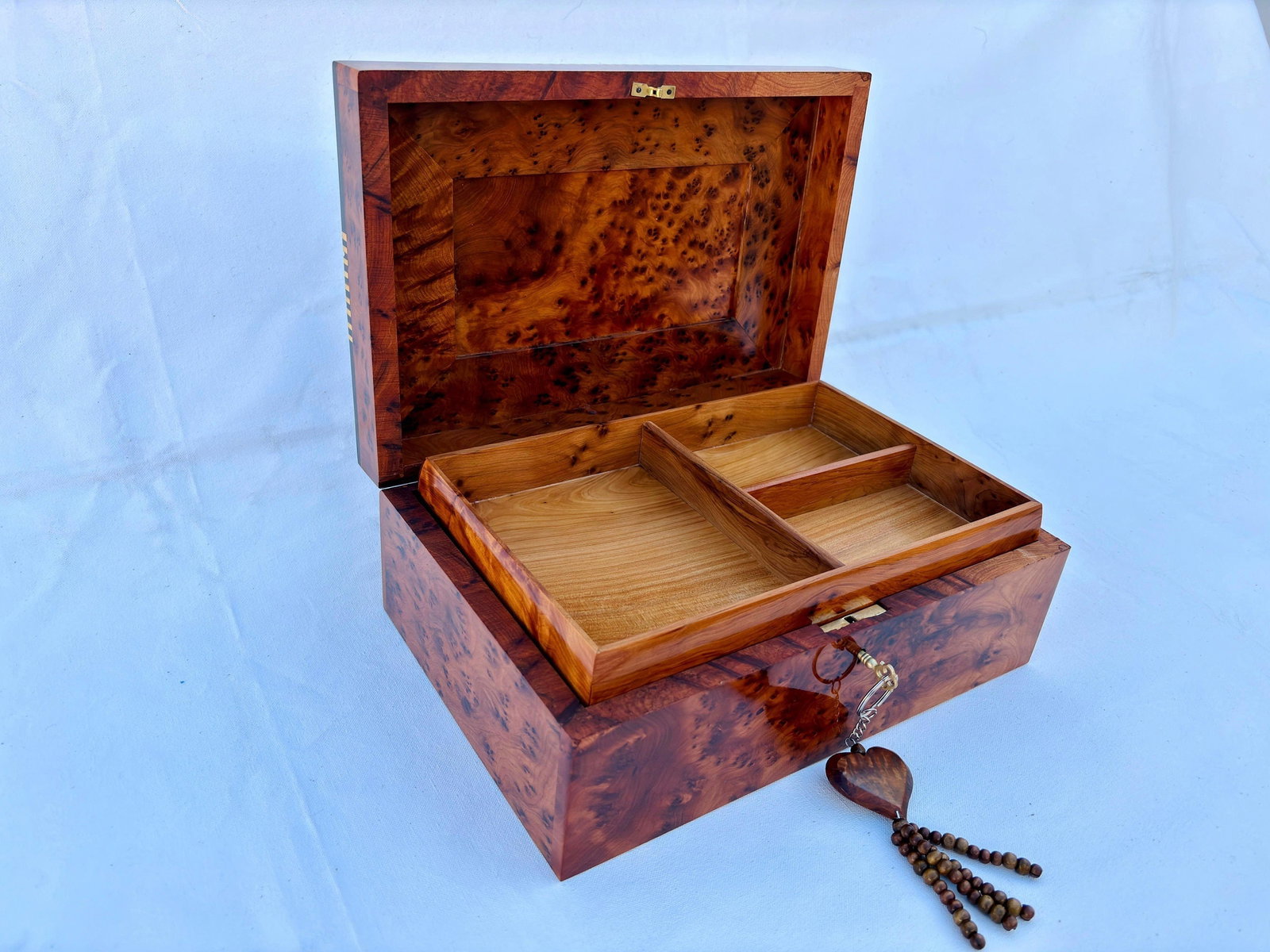 Lockable Thuya Burl Wood Jewelry Box – 12 × 8" - 2