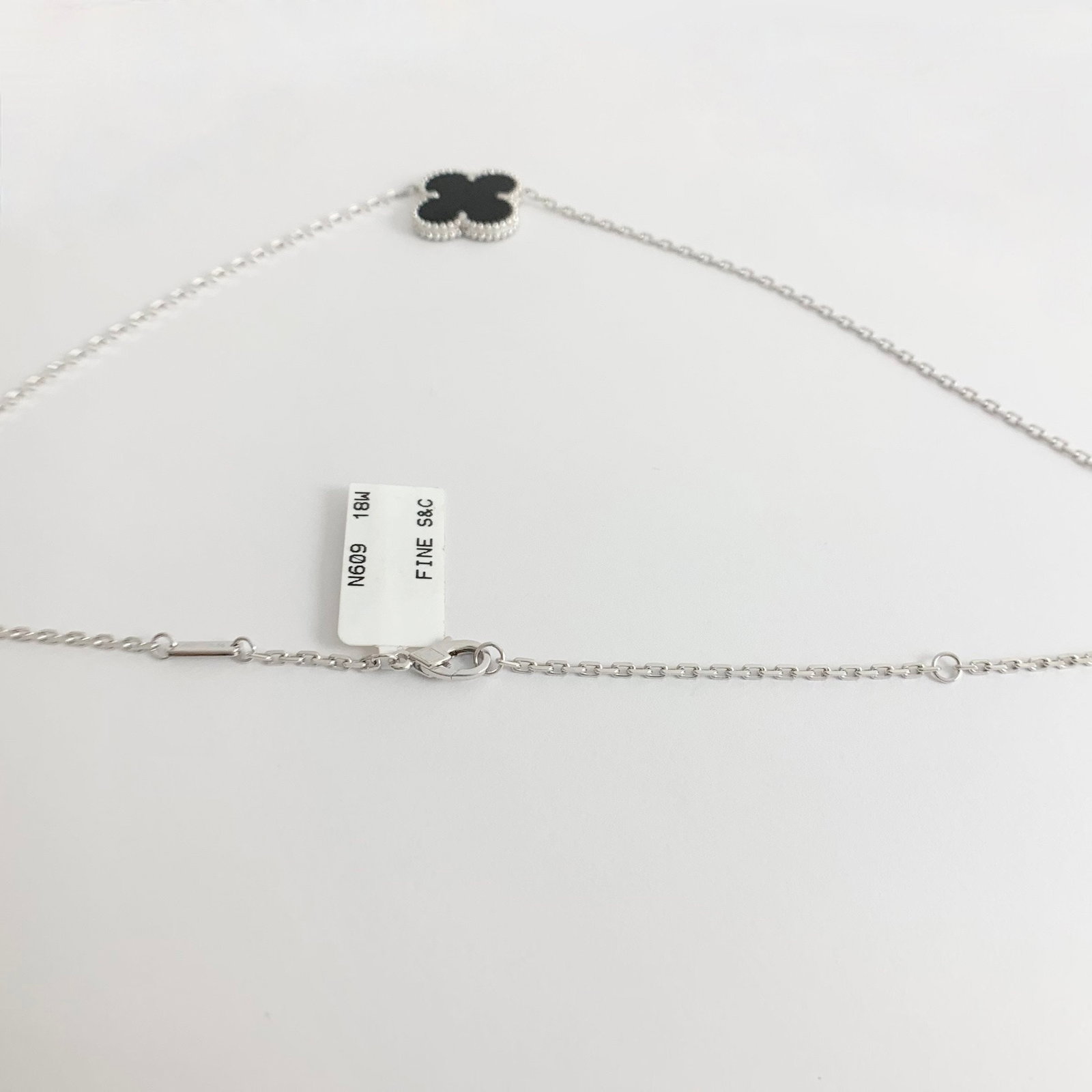 Black Onyx Clover Pendant Necklace 18K White Gold, 7.66 Grams - 7