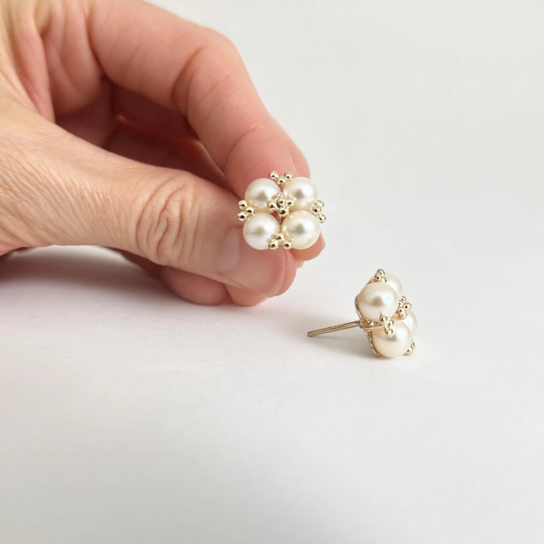 Round Cultured Pearl Cluster Stud Earrings 14K Yellow Gold - 2