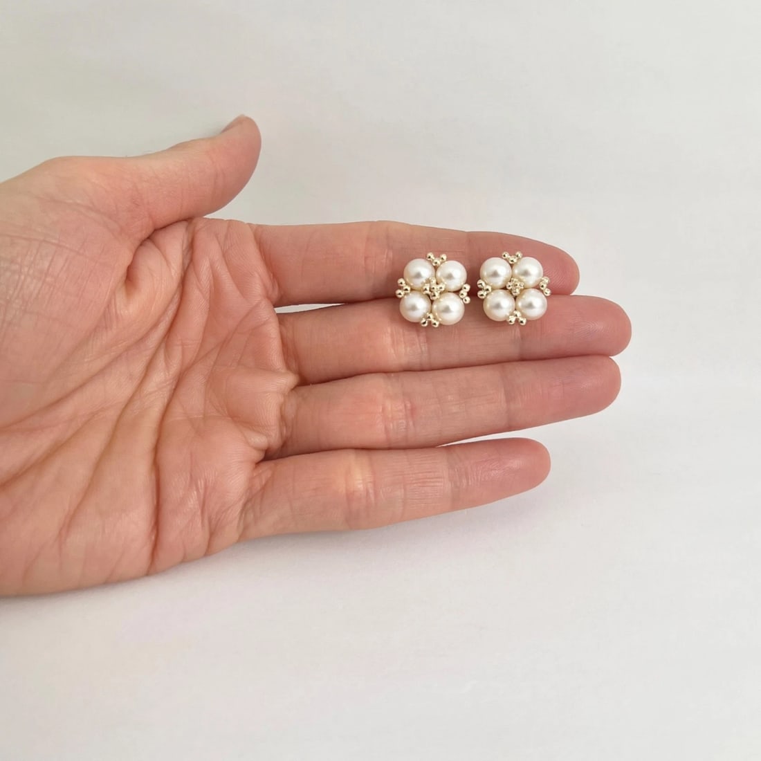 Round Cultured Pearl Cluster Stud Earrings 14K Yellow Gold - 3