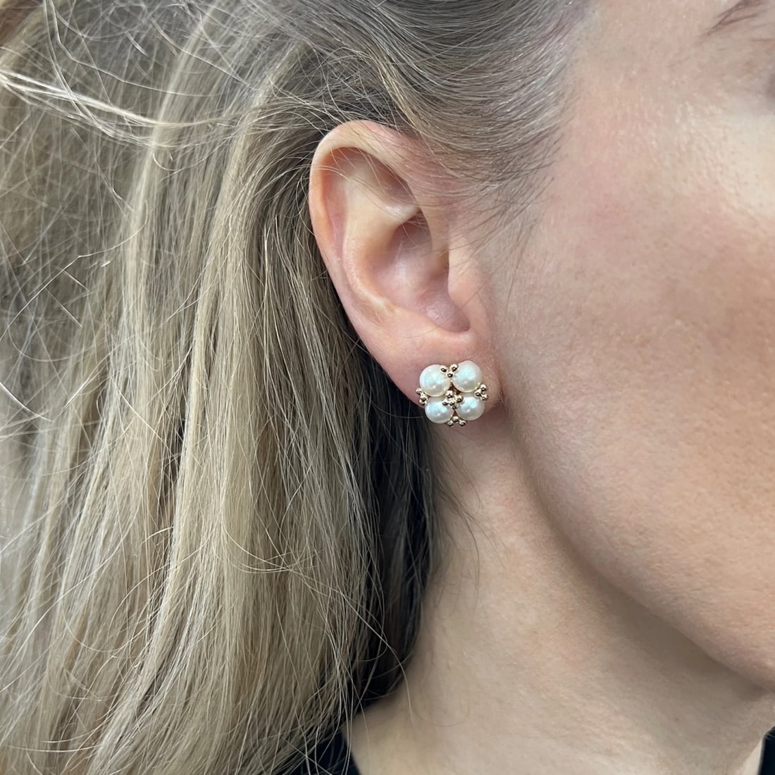 Round Cultured Pearl Cluster Stud Earrings 14K Yellow Gold - 4