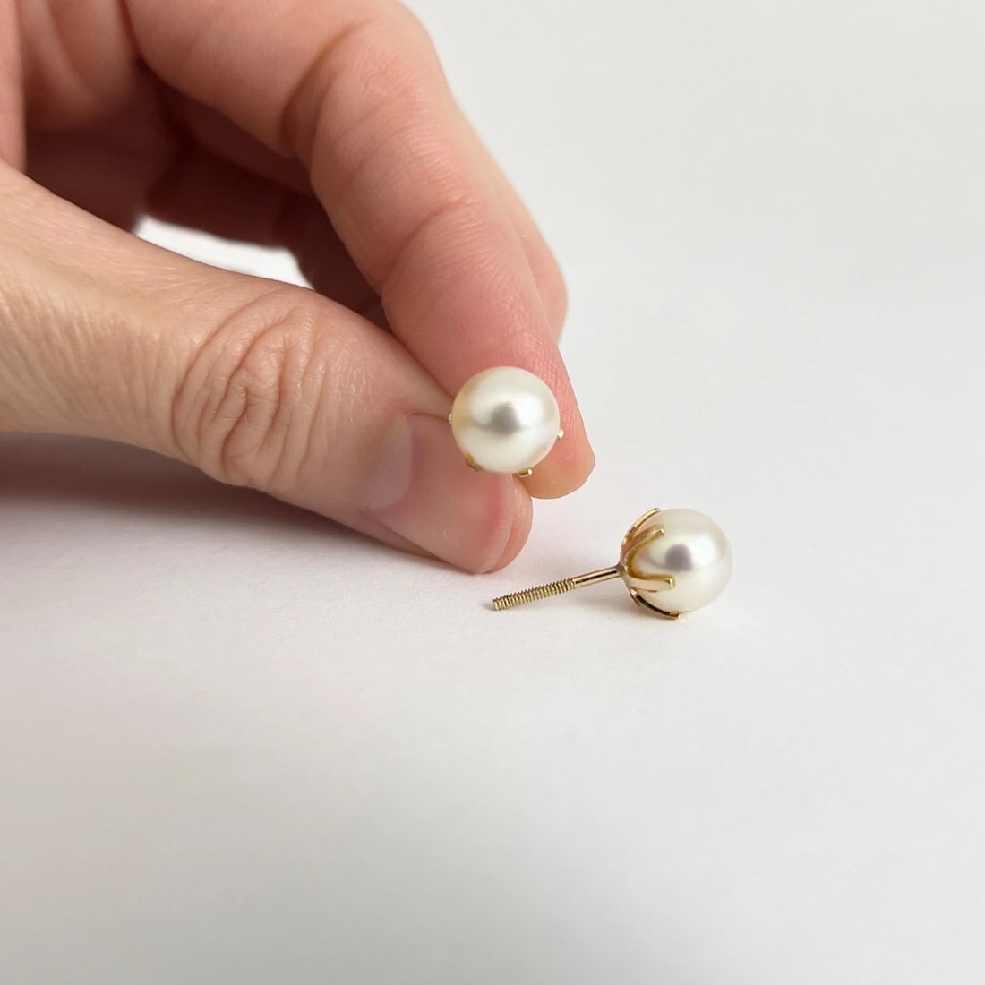 Round Cultured Pearl Stud Earrings 6-Prong Setting 14K Yellow Gold, 8 mm - 2