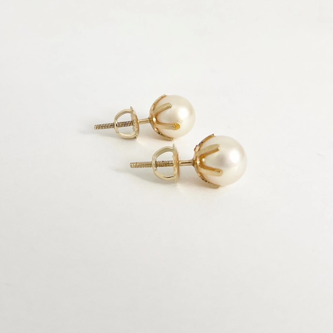 Round Cultured Pearl Stud Earrings 6-Prong Setting 14K Yellow Gold, 8 mm - 6