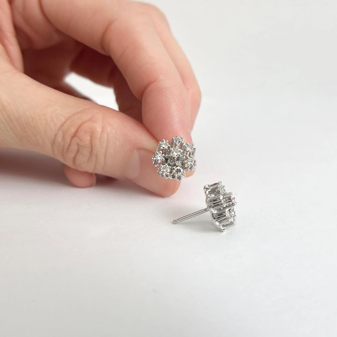 Round Flower Cluster Champagne Diamond Stud Earrings 14K White Gold, .24 CTW - 3