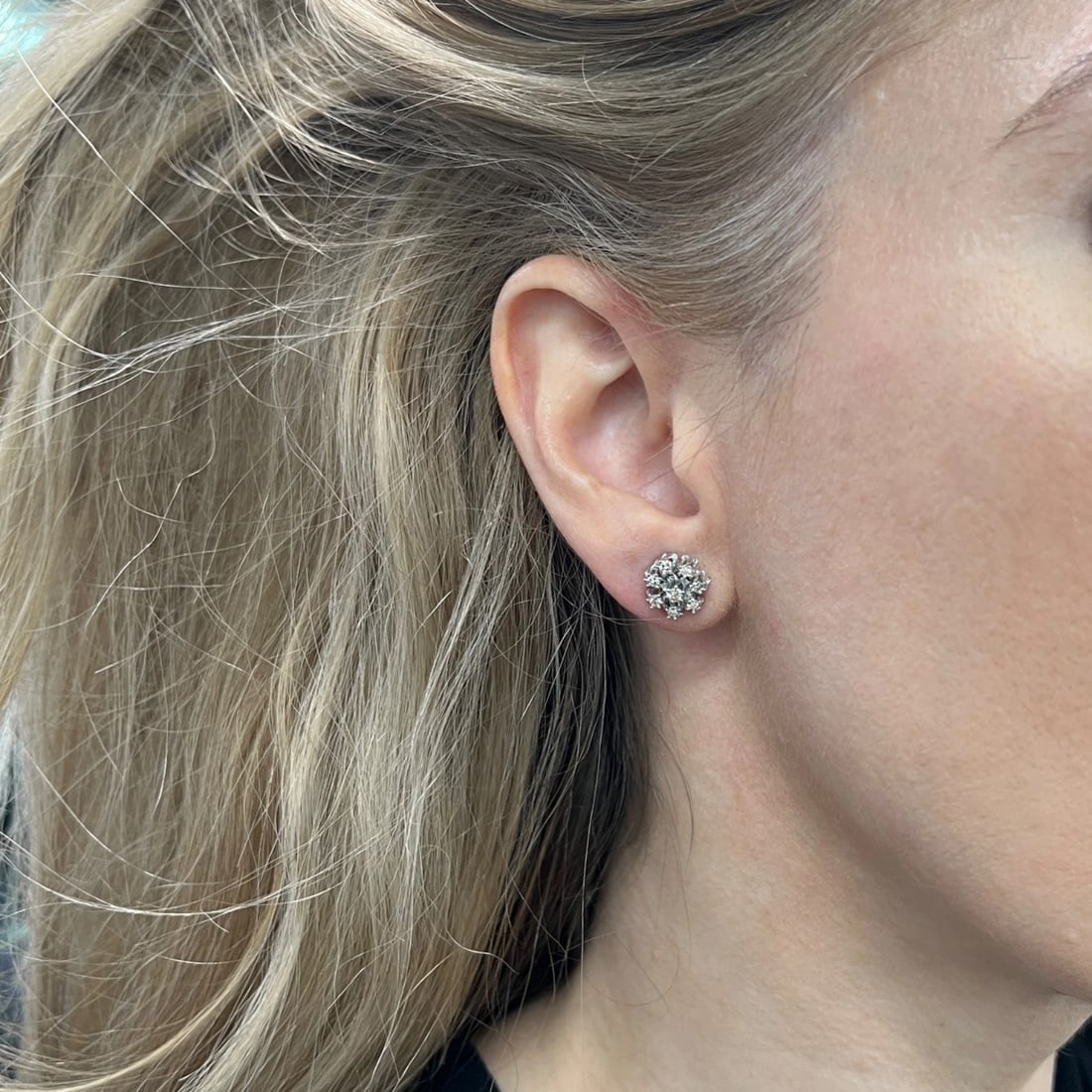 Round Flower Cluster Champagne Diamond Stud Earrings 14K White Gold, .24 CTW - 4