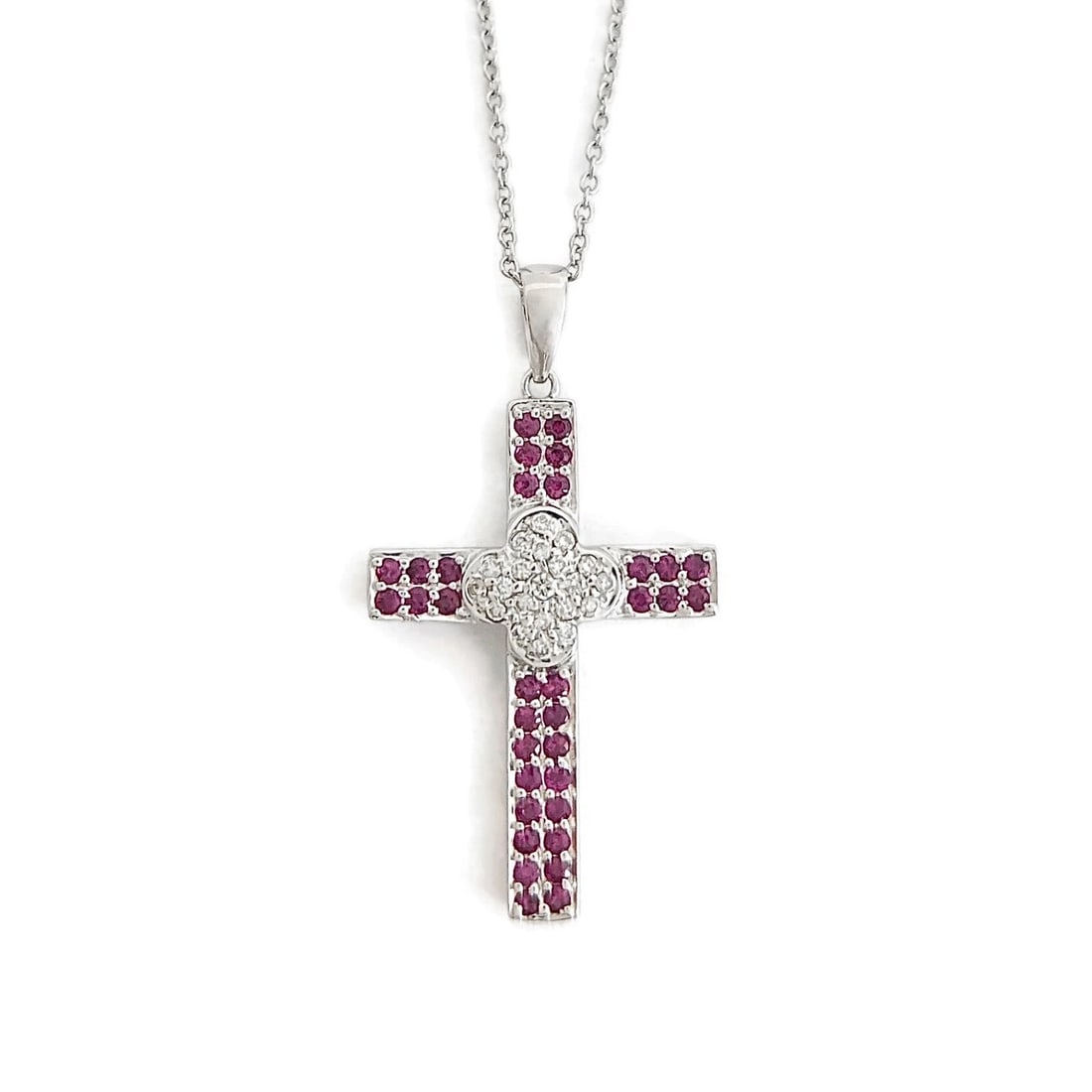 Pave Ruby Diamond Cross Pendant Necklace 14K White Gold, .66 CTW (1 of 6)