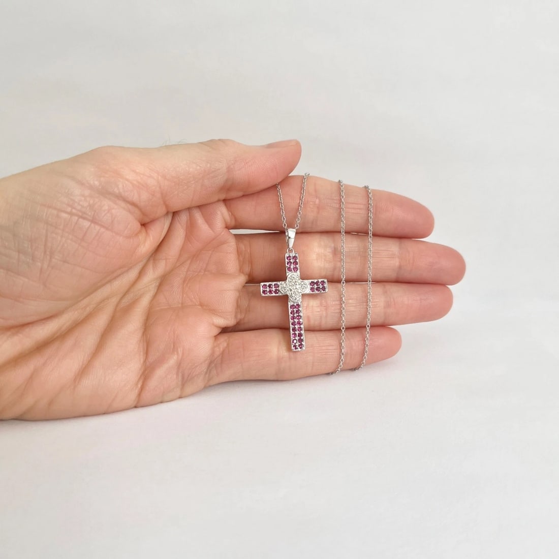 Pave Ruby Diamond Cross Pendant Necklace 14K White Gold, .66 CTW - 2