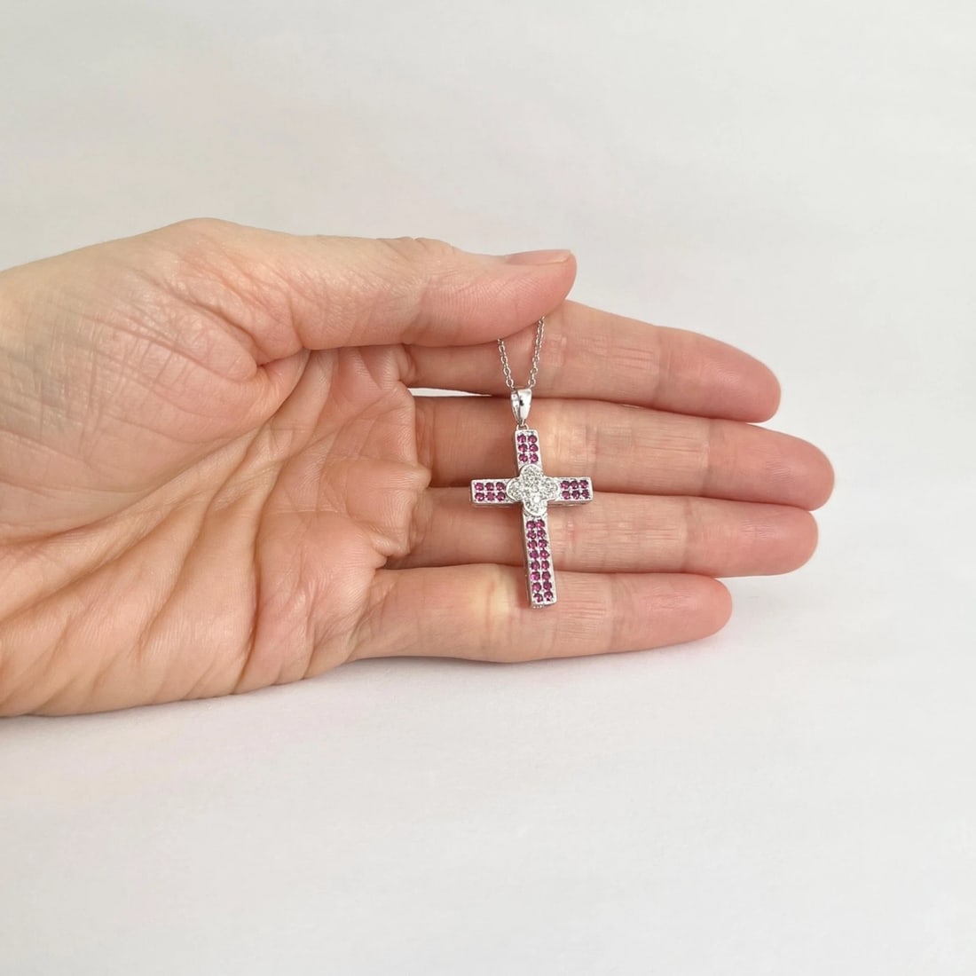 Pave Ruby Diamond Cross Pendant Necklace 14K White Gold, .66 CTW - 3