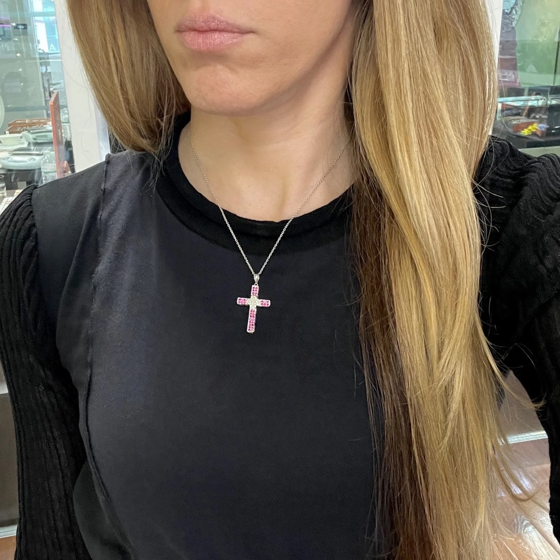 Pave Ruby Diamond Cross Pendant Necklace 14K White Gold, .66 CTW - 4