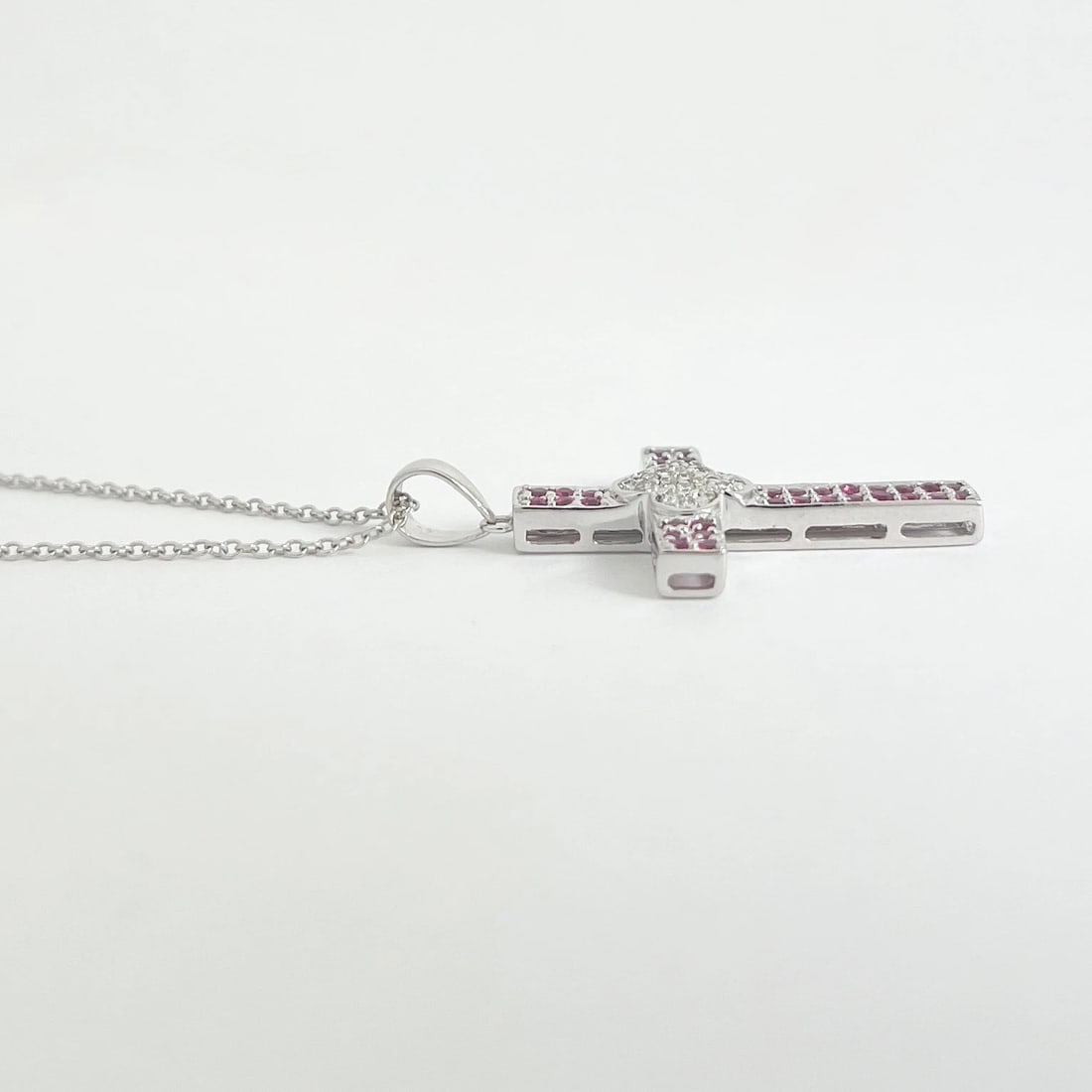 Pave Ruby Diamond Cross Pendant Necklace 14K White Gold, .66 CTW - 5