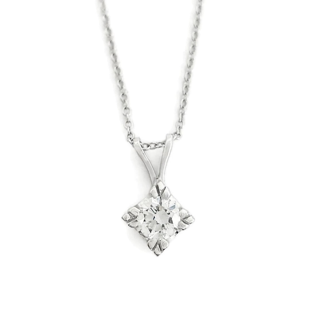 Round Solitaire Diamond Fishtail Pendant Necklace 14K White Gold, .45 CT (1 of 6)