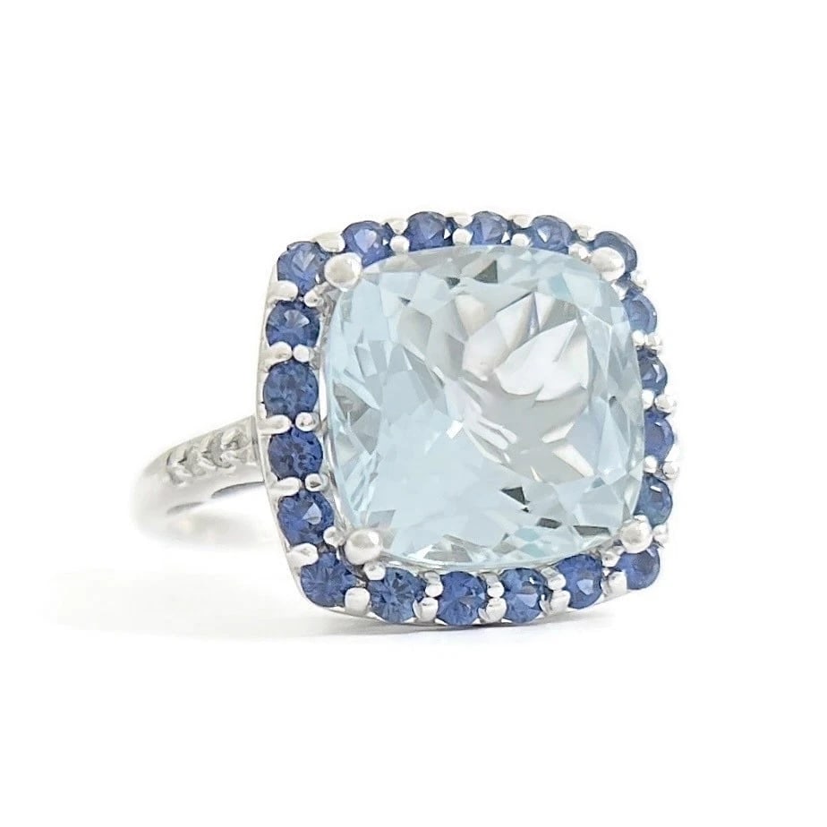 Lab-Created Aquamarine Sapphire Cushion Halo Ring 14K White Gold, 7.42 CTW: Title: Lab-Created Aquamarine Sapphire Cushion Halo Ring 14K White Gold, 7.42 CTW Description: Lab-Created Aquamarine Sapphire Cushion Halo Ring 14K White Gold, 7.42 CTW This is a beautiful halo state