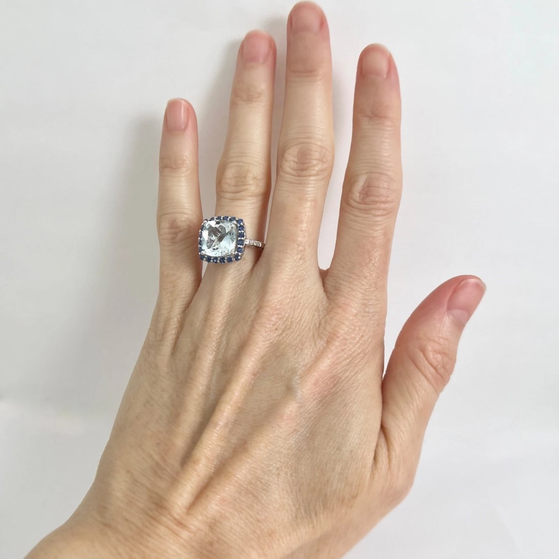 Lab-Created Aquamarine Sapphire Cushion Halo Ring 14K White Gold, 7.42 CTW - 2