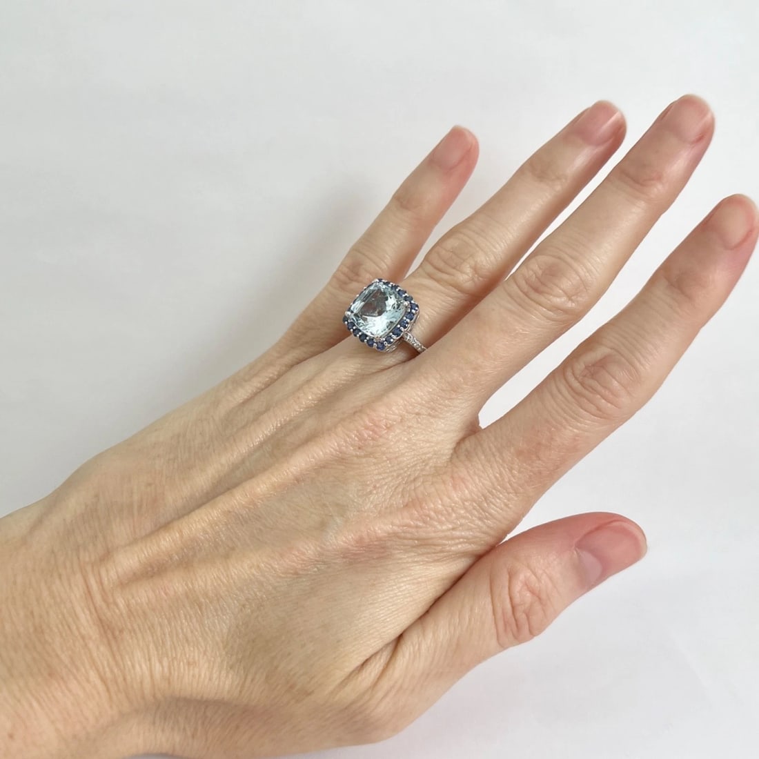 Lab-Created Aquamarine Sapphire Cushion Halo Ring 14K White Gold, 7.42 CTW - 3