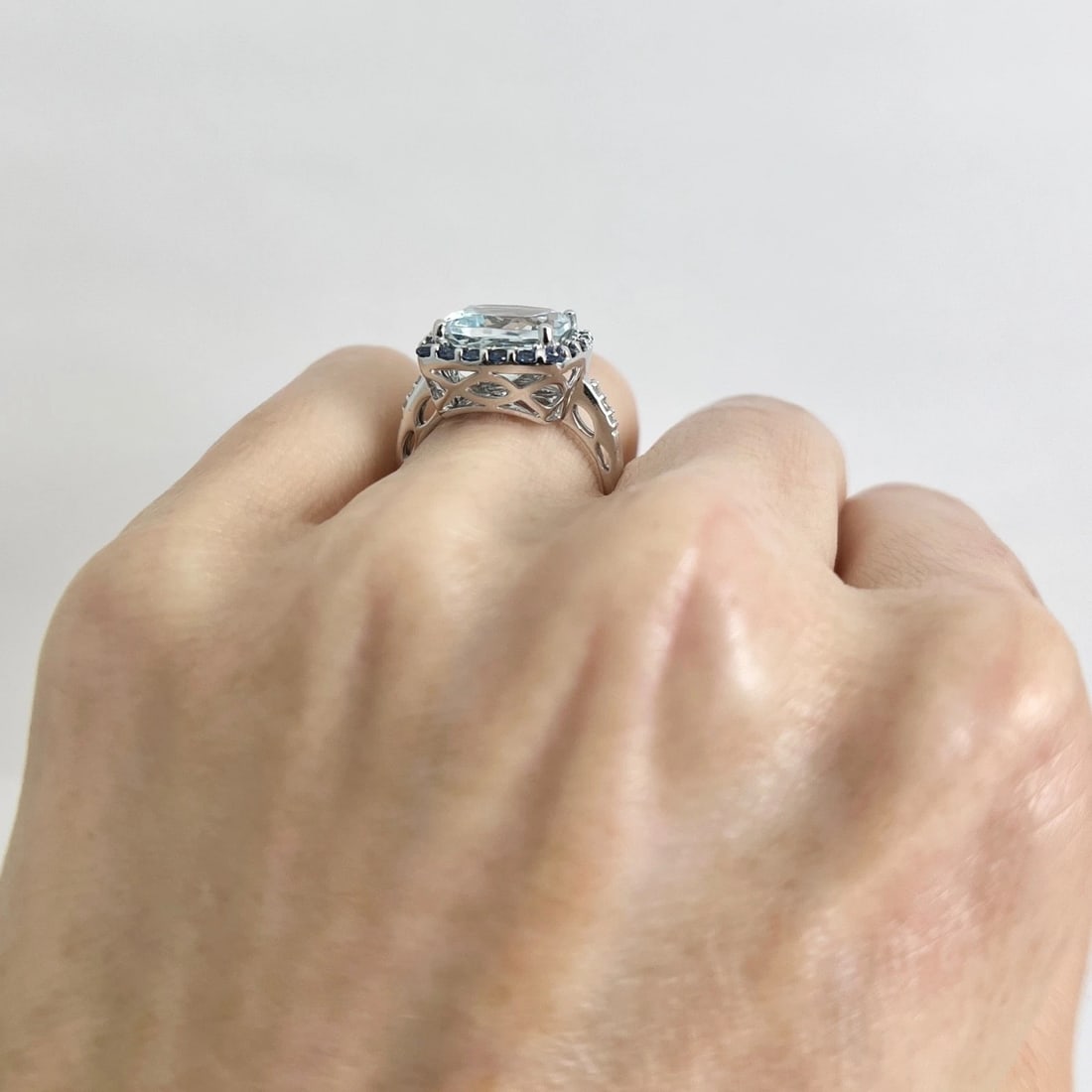Lab-Created Aquamarine Sapphire Cushion Halo Ring 14K White Gold, 7.42 CTW - 4