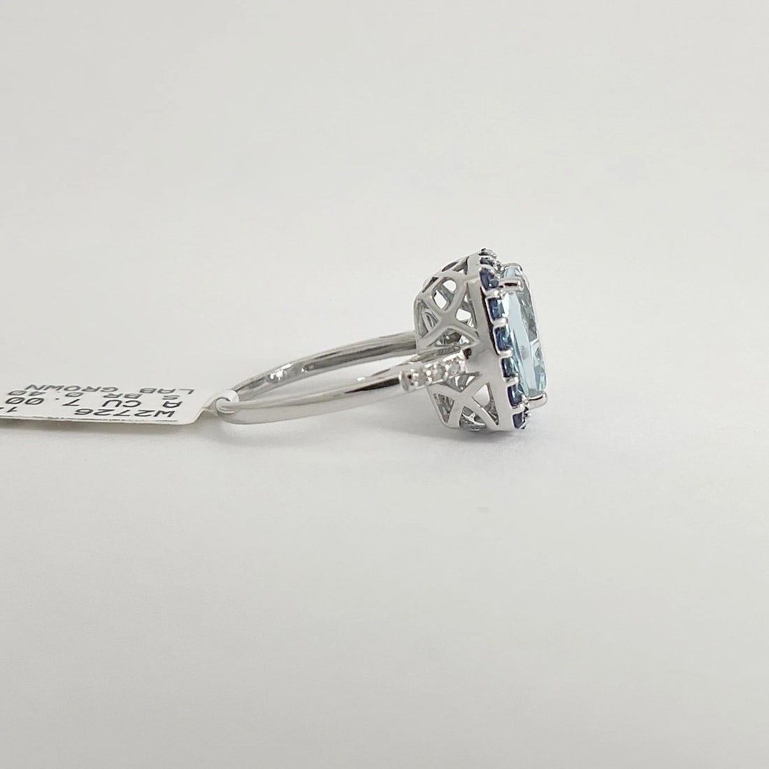 Lab-Created Aquamarine Sapphire Cushion Halo Ring 14K White Gold, 7.42 CTW - 5