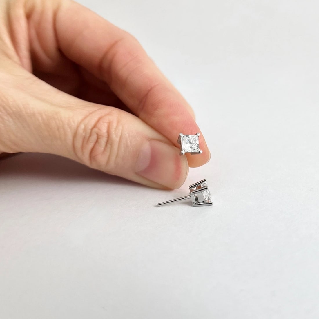 Princess Cut Lab-Created Diamond Stud Earrings 14K White Gold 4-Prong, 1.06 CTW - 3