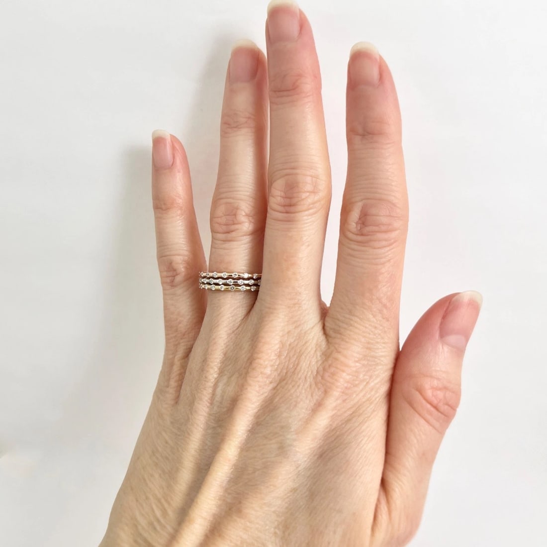 Set of 3 Tri-Color Diamond Eternity Band Rings 14K Rose White Yellow Gold - 3