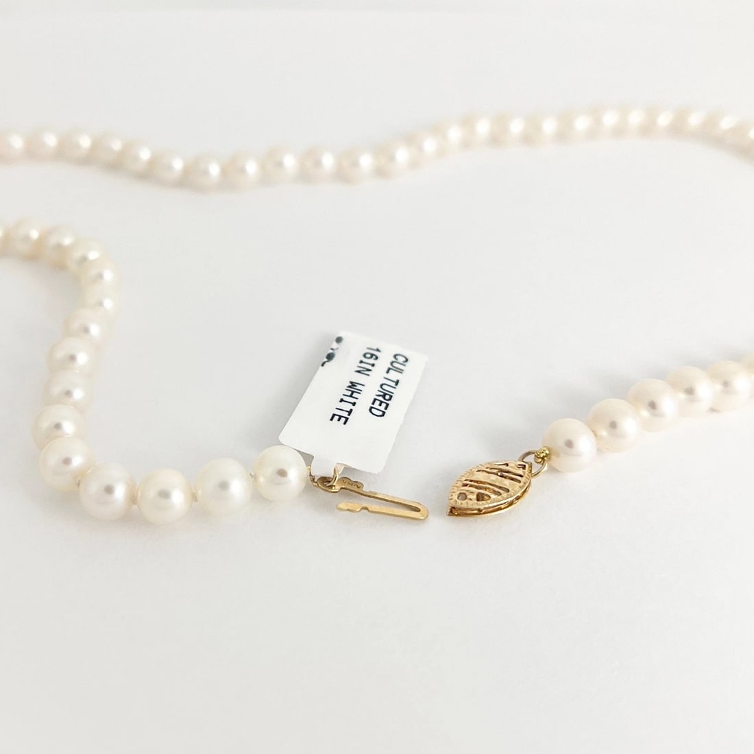 White Japanese Pearl Strand Necklace 14K Yellow Gold Clasp, 16 Inches, 6 mm - 5