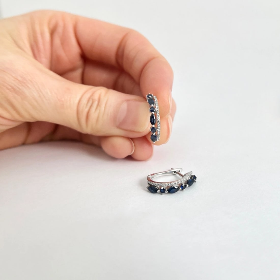 Effy Marquise Blue Sapphire Diamond Huggie Earrings 14K White Gold, .60 CTW - 2