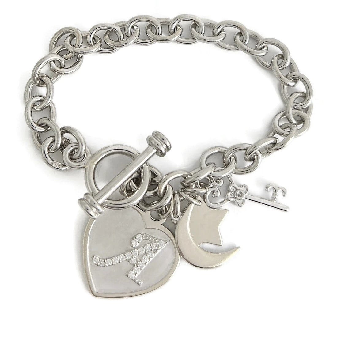 Estate Letter A Diamond Heart Moon Key Charm Bracelet 14K White Gold, 27.24 Gram (1 of 10)
