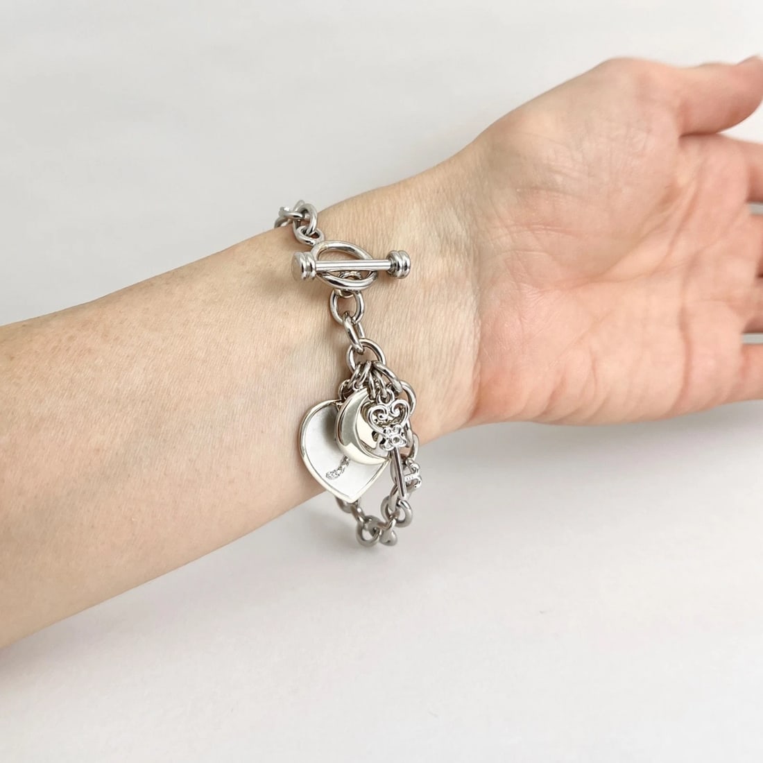 Estate Letter A Diamond Heart Moon Key Charm Bracelet 14K White Gold, 27.24 Gram - 6