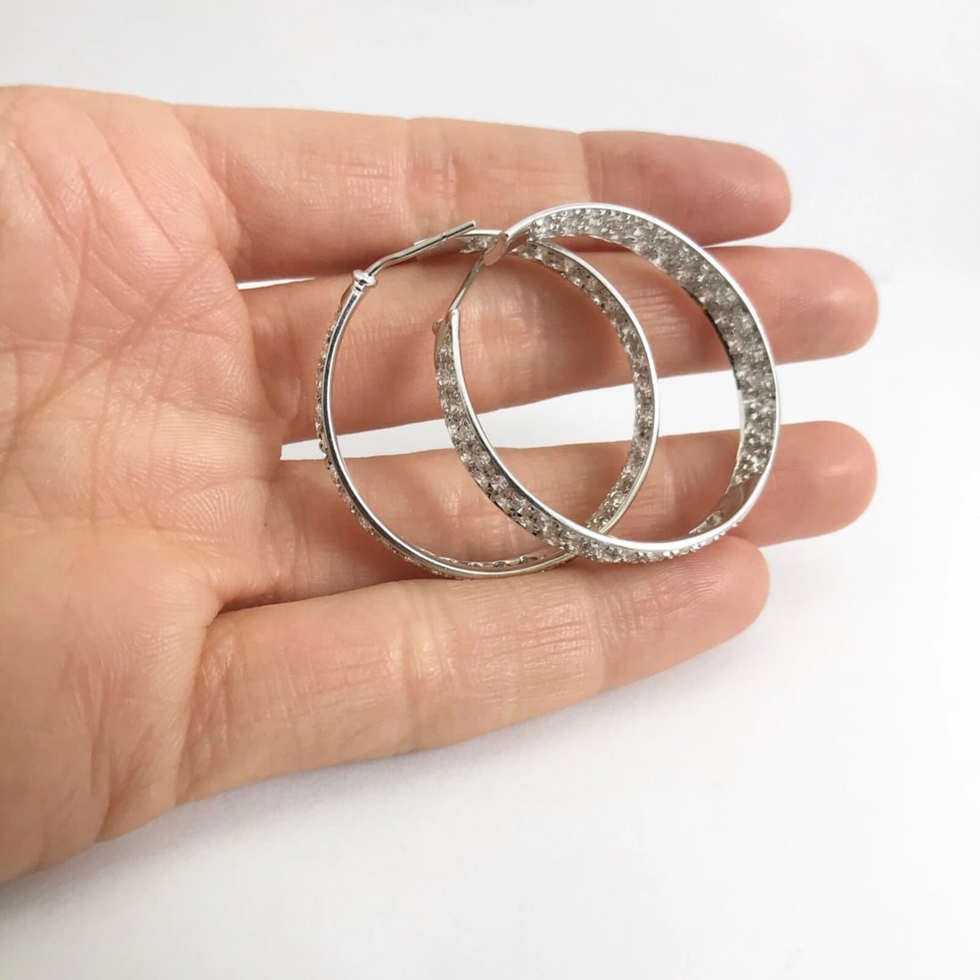 Pave Diamond Inside Out Hoop Earrings 18K White Gold, 1.4 Inches, 2.85 CTW - 2