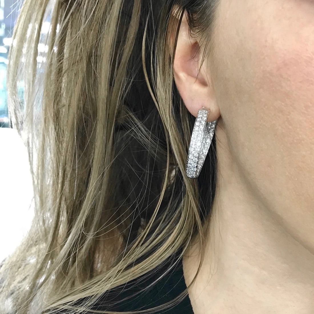 Pave Diamond Inside Out Hoop Earrings 18K White Gold, 1.4 Inches, 2.85 CTW - 3