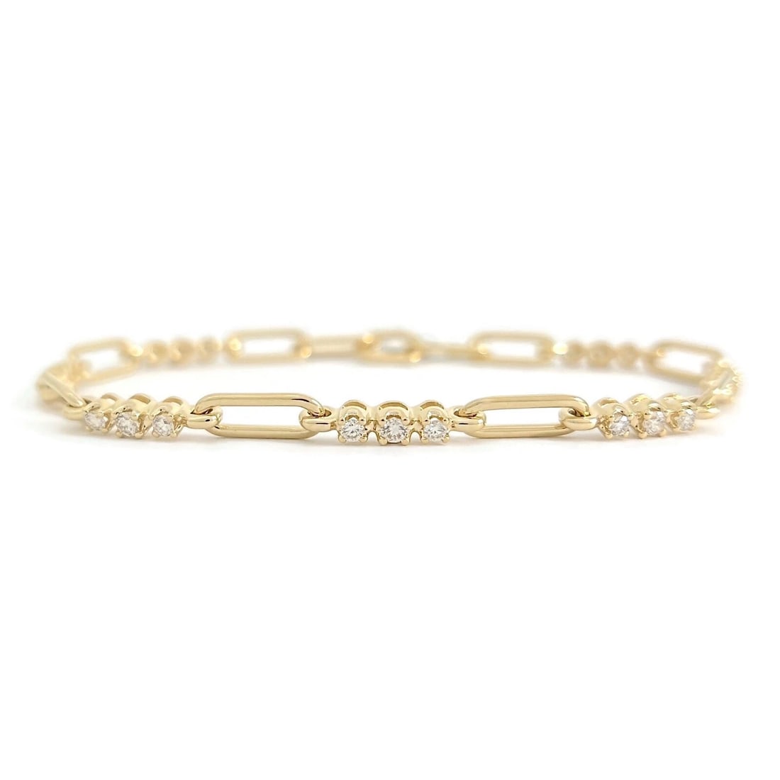 3-Stone Diamond Paperclip Open Oval Chain Link Bracelet 14K Yellow Gold, .54 CTW (1 of 6)