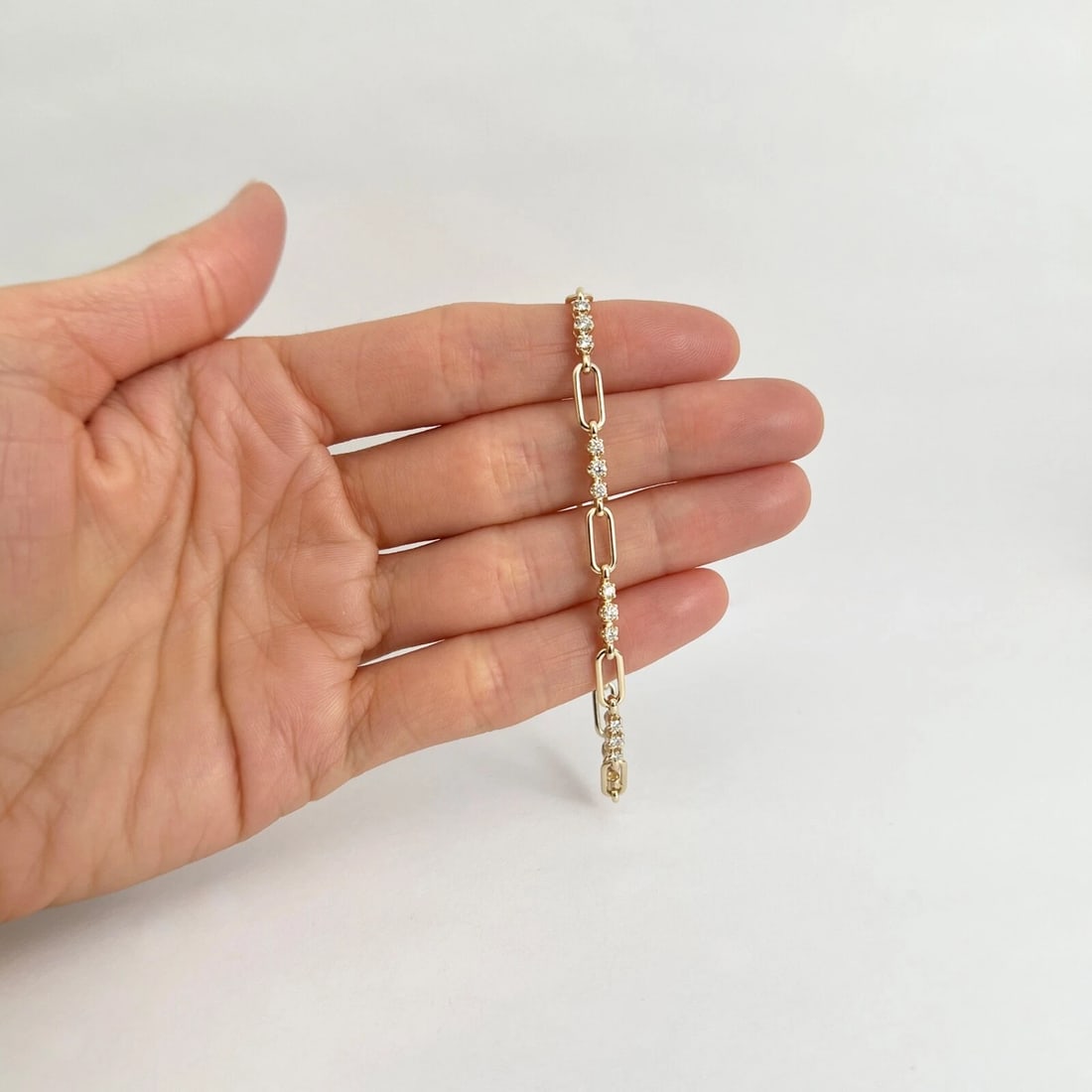 3-Stone Diamond Paperclip Open Oval Chain Link Bracelet 14K Yellow Gold, .54 CTW - 2