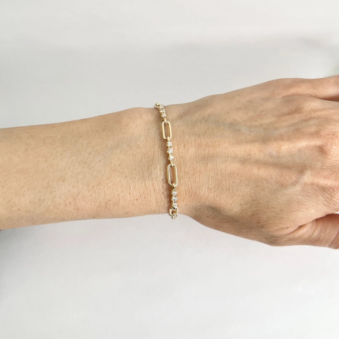 3-Stone Diamond Paperclip Open Oval Chain Link Bracelet 14K Yellow Gold, .54 CTW - 4