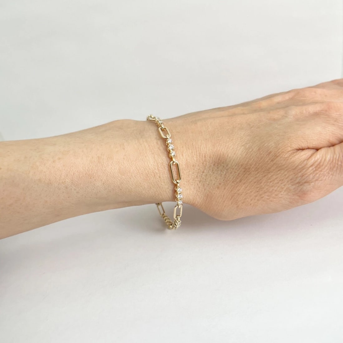 3-Stone Diamond Paperclip Open Oval Chain Link Bracelet 14K Yellow Gold, .54 CTW - 5