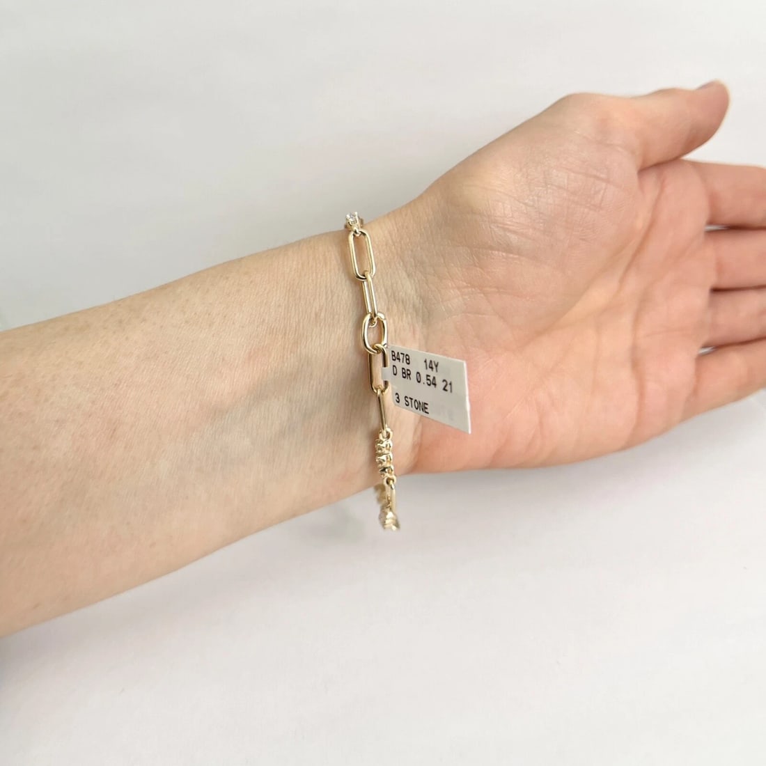 3-Stone Diamond Paperclip Open Oval Chain Link Bracelet 14K Yellow Gold, .54 CTW - 6