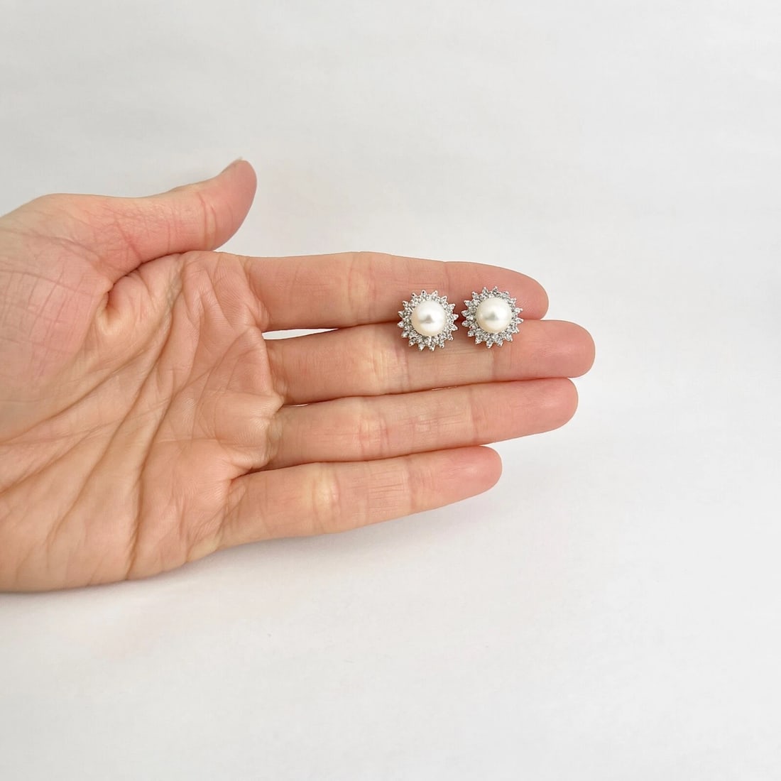 Pearl Diamond Halo Stud Earrings 14K White Gold, .50 CTW - 2