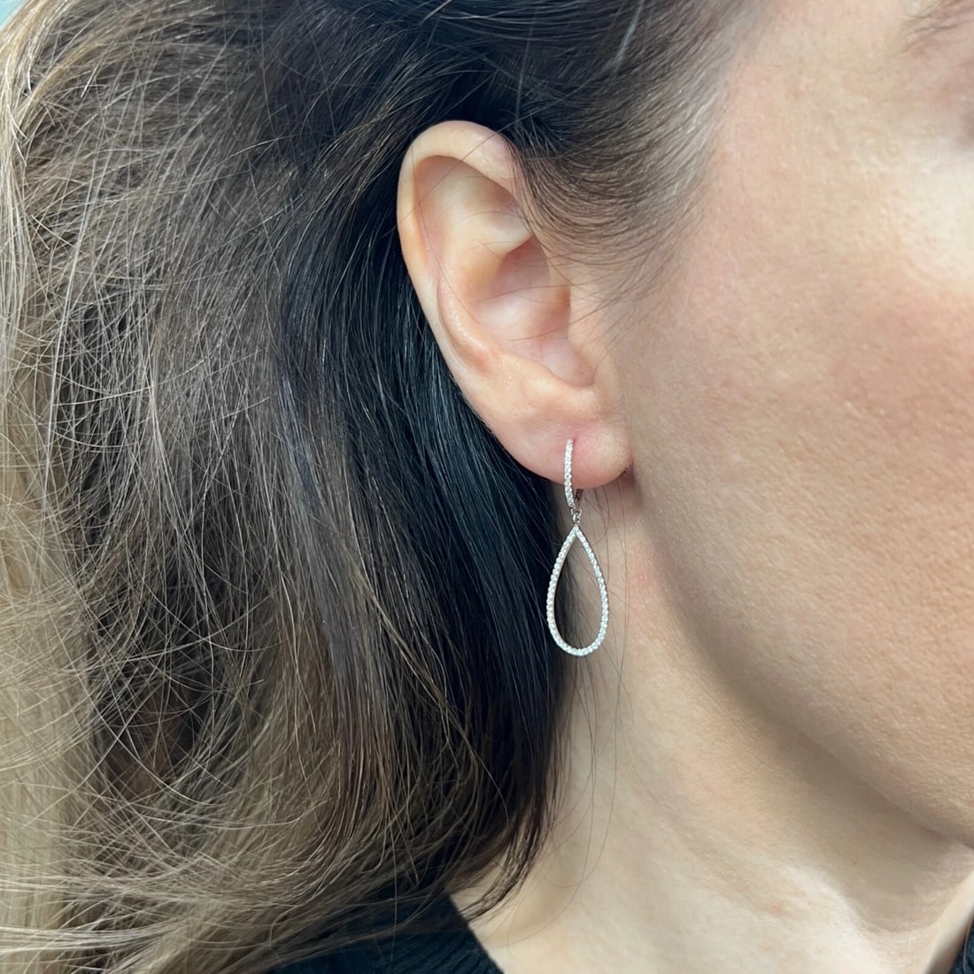 Pave Diamond Open Teardrop Dangle Drop Earrings 14K White Gold, .85 CTW - 3