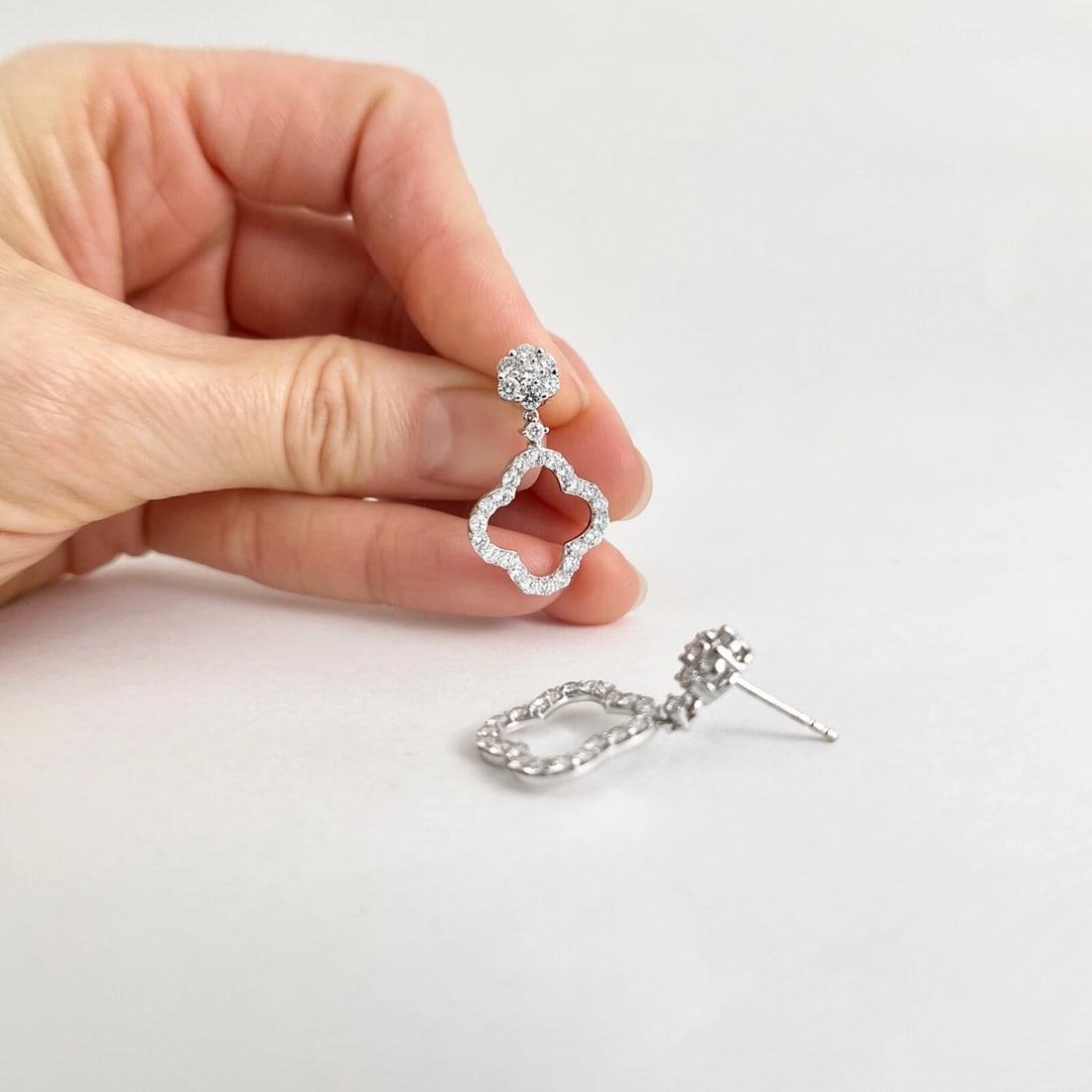 Open Diamond Clover Flower Dangle Drop Earrings 14K White Gold, 3.97 CTW - 4