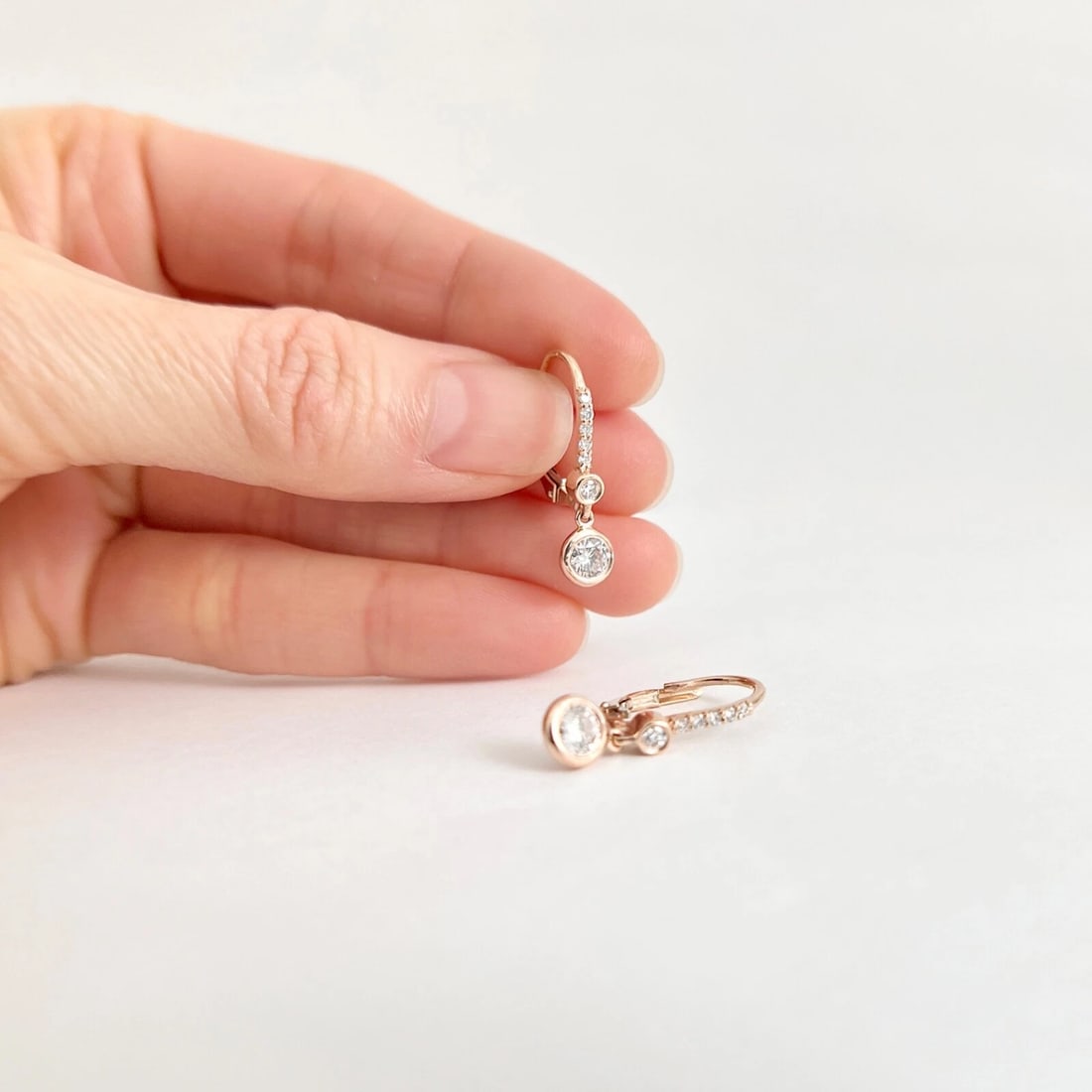 Round Bezel Diamond Dangle Drop Earrings 14K Pink Rose Gold, .77 CTW - 3