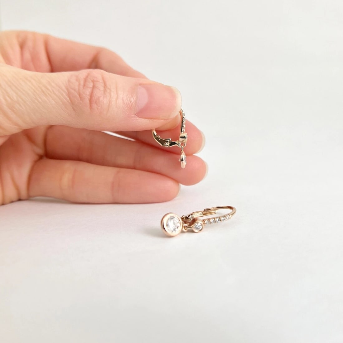 Round Bezel Diamond Dangle Drop Earrings 14K Pink Rose Gold, .77 CTW - 4