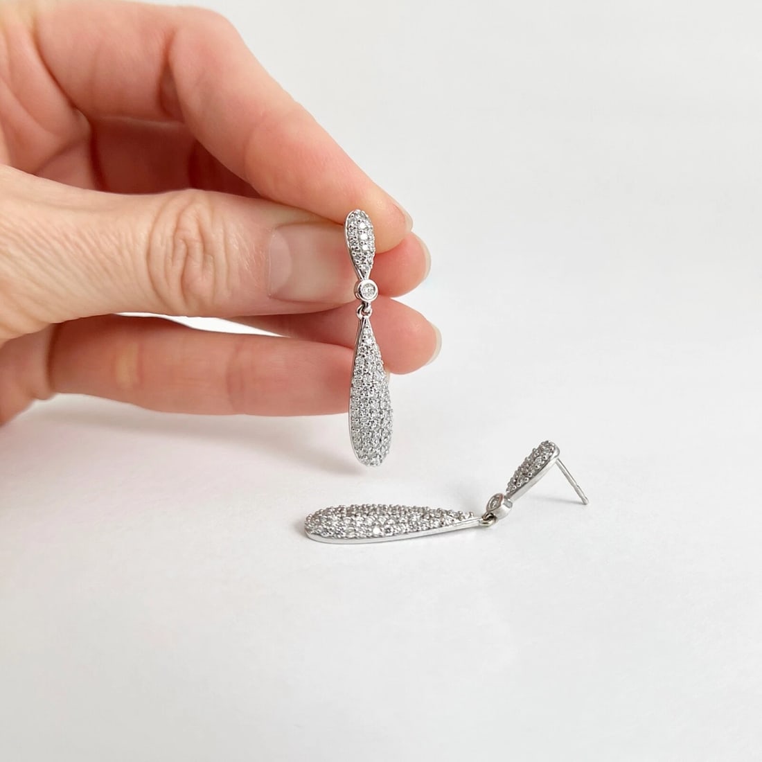 Pave Diamond Teardrop Dangle Drop Earrings 14K White Gold, 1.21 CTW - 4
